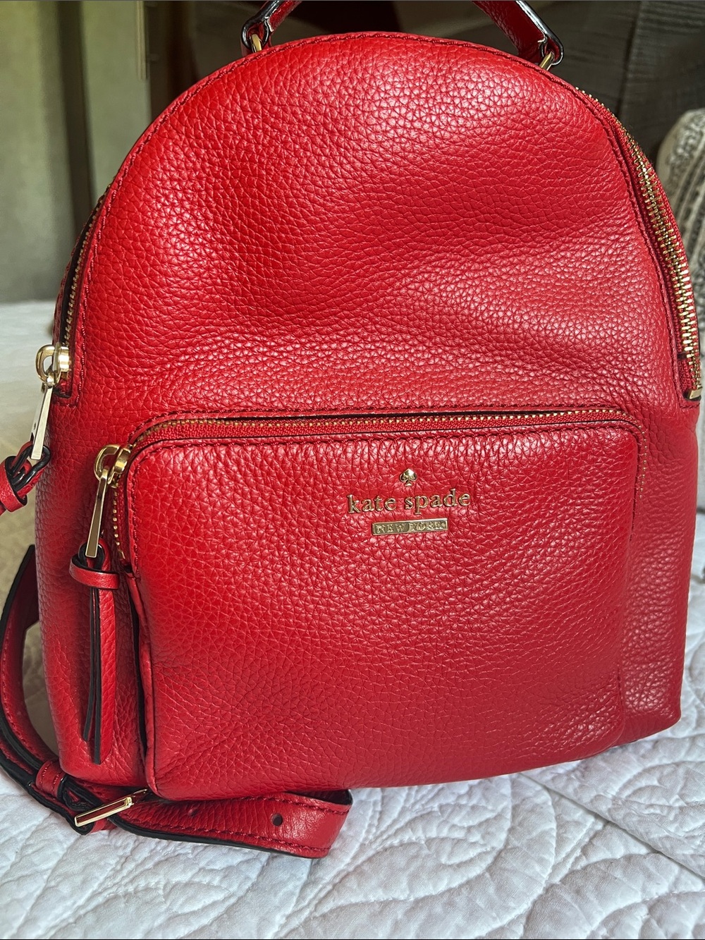 kate spade red pebbled leather mini backpack with gold hardware